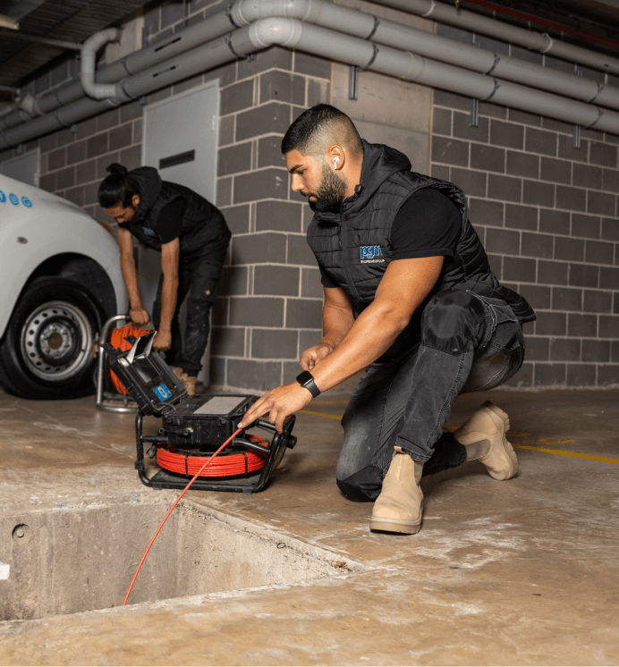 Professional plumber using drain cleaning equipment to clear blocked drains in Sydney